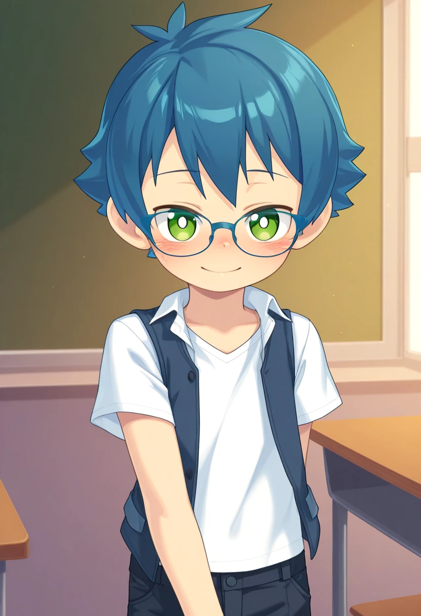 <lora:cutifiedanimecharacterdesign_variant_type_E_IL_v10:1>
type_e, blush, green eyes,male focus, blue hair, pants, 1boy, hapy face expression, smile, shirt, glasses, solo, open vest, classroom