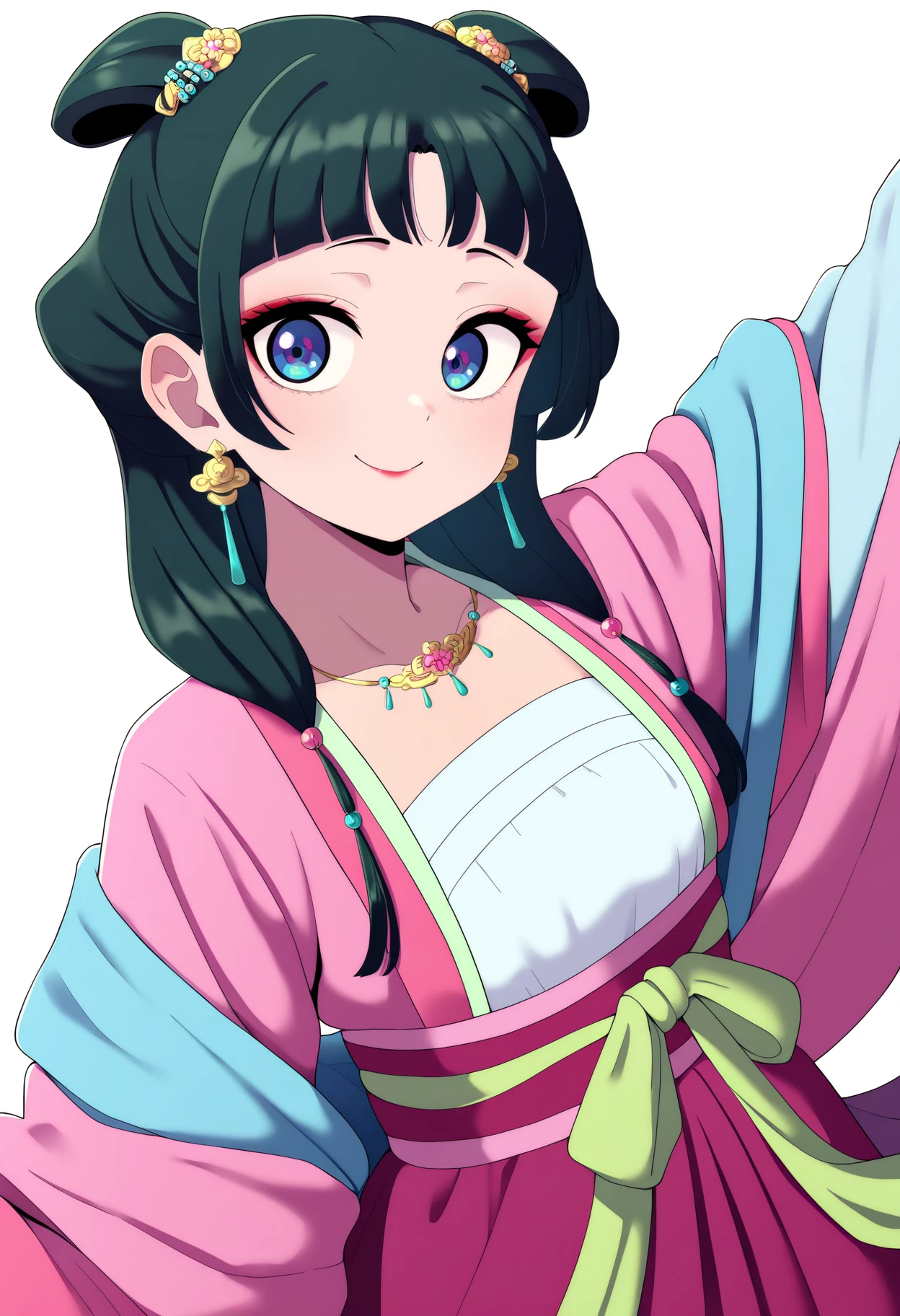 best quality, amazing quality, very aesthetic, absurdres,
1girl, maohanfu, green hair, bangs, long hair, blue eyes, hair ornament, makeup,
chinese clothes, pink dress, earrings, hanfu, wide long sleeves, necklace,
smile, upper body, looking at viewer, solo, simple background, white background <lora:MaoMaoNoobXL_byKonan:1>