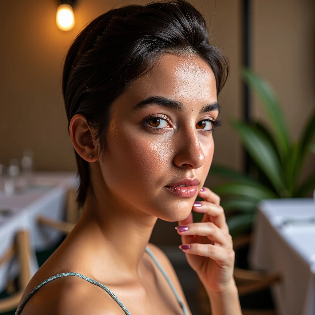 ultra realistic, ultra detailed, ultra quality, a beautiful brunette woman, (half body shot:1.2), she's in a restaurant, she's wearing a summer dress, ultra detailed olive skin, showcasing subtle flaws in the skin, soft expression marks, soft wrinkles, flawed skin, skin textures<lora:xdetailskin:0.9> xdetailedx, ultra lighting