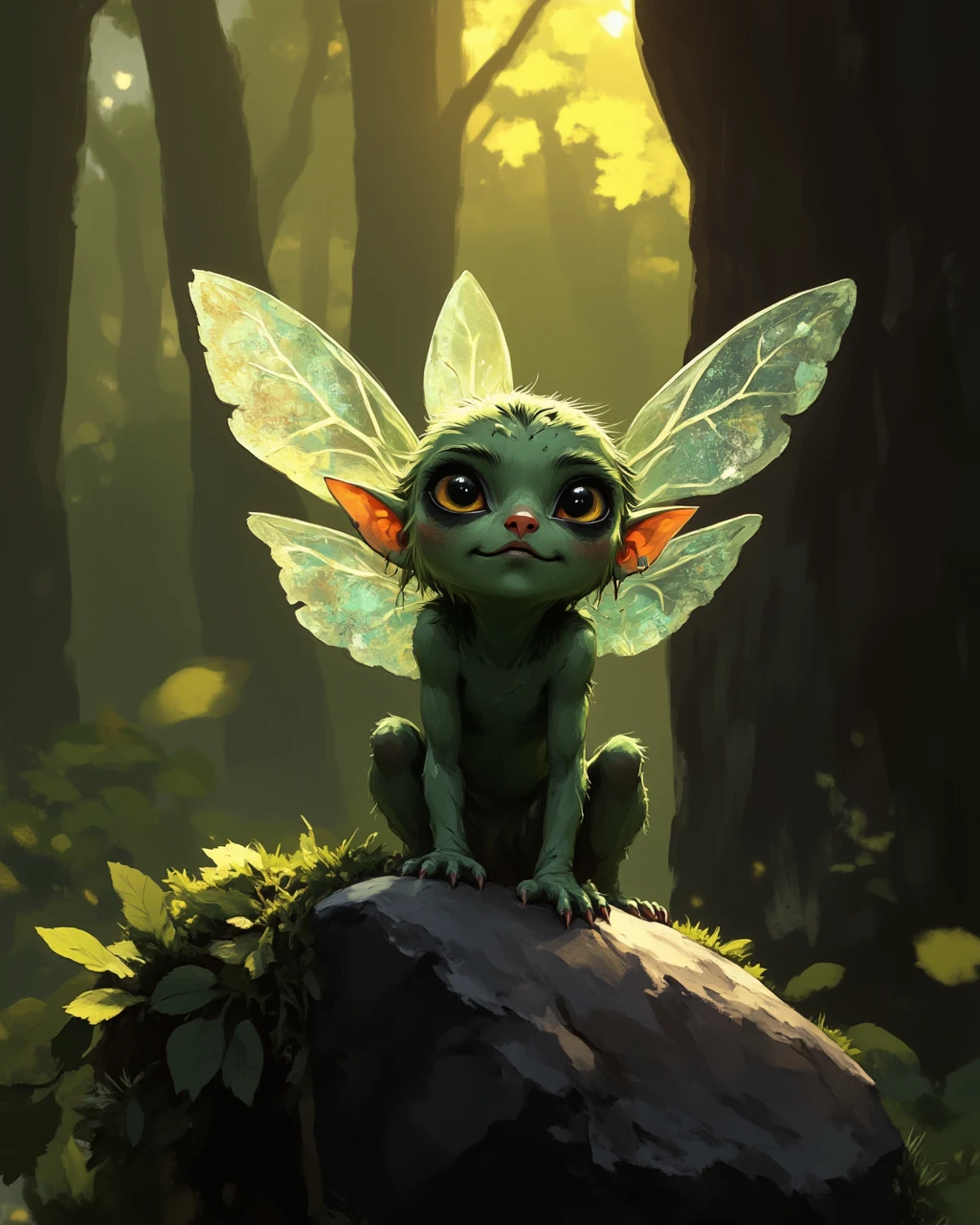 wc1dnd_style, in the style of cksc, Digital painting, a close-up of a tiny sprite with translucent, iridescent wings resembling dragonfly wings, perched delicately on a mossy stone. Its skin glimmers faintly with a soft green hue, and its wide, curious eyes reflect the golden glow of sunlight filtering through the forest canopy.
<lora:Flux.Digital_Painting_DnD:1> <lora:ck-shadow-circuit-000021:0.4>