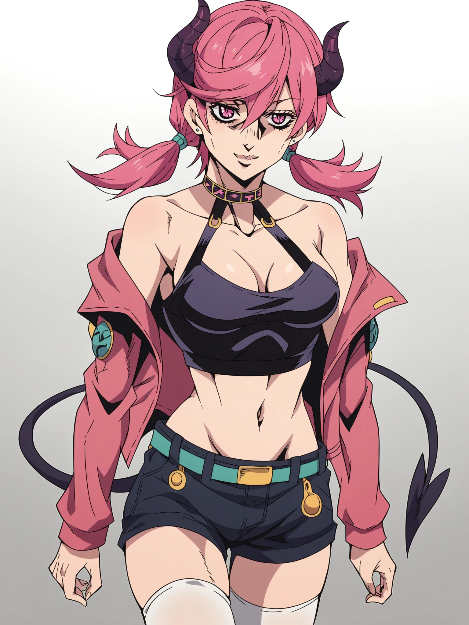 score_9, score_8_up, score_7_up, score_6_up, score_5_up,
1girl, solo, breasts, tail, pink_hair, horns, demon_tail, shorts, jacket, twintails, large_breasts, smile, looking_at_viewer, long_hair, navel, choker, black_background, pink_eyes, short_shorts, belt, demon_girl, pink_jacket, demon_horns, simple_background, tank_top, open_jacket, cleavage, black_shorts, open_clothes, thighhighs, off_shoulder, bare_shoulders, closed_mouth, head_tilt, hair_between_eyes, cowboy_shot, jewelry, micro_shorts, collarbone, black_choker, white_thighhighs, crop_top, bangs, earrings, clothes_writing, shirt, midriff, standing, see-through, contrapposto, long_sleeves,
<lora:Jojo_Golden_Wind_Pony_SD8:1>