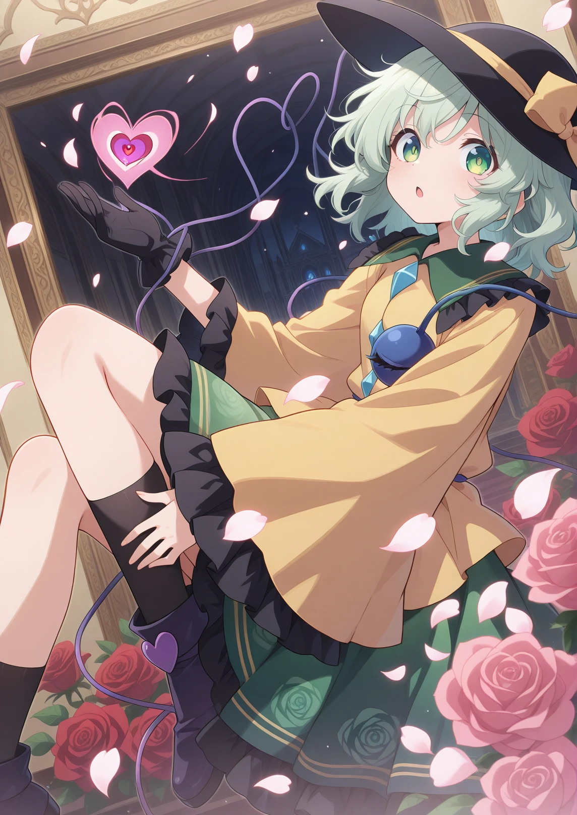 absurdres, highres, masterpiece, best quality, amazing quality, official anime artwork, screencap, anime screencap, indoors, palace, marble,
<lora:Komeiji-Koishi_illustrious:1> komeiji koishi, 1girl, solo, third eye, eyeball, heart of string, green hair, green eyes,, yellow shirt, black hat, frilled sleeves, frilled shirt collar, wide sleeves, hat bow, green skirt, yellow bow, hat ribbon, diamond button, yellow ribbon,
open mouth, petals, flowers, dynamic pose, looking at viewer, heart, roses, flowers,