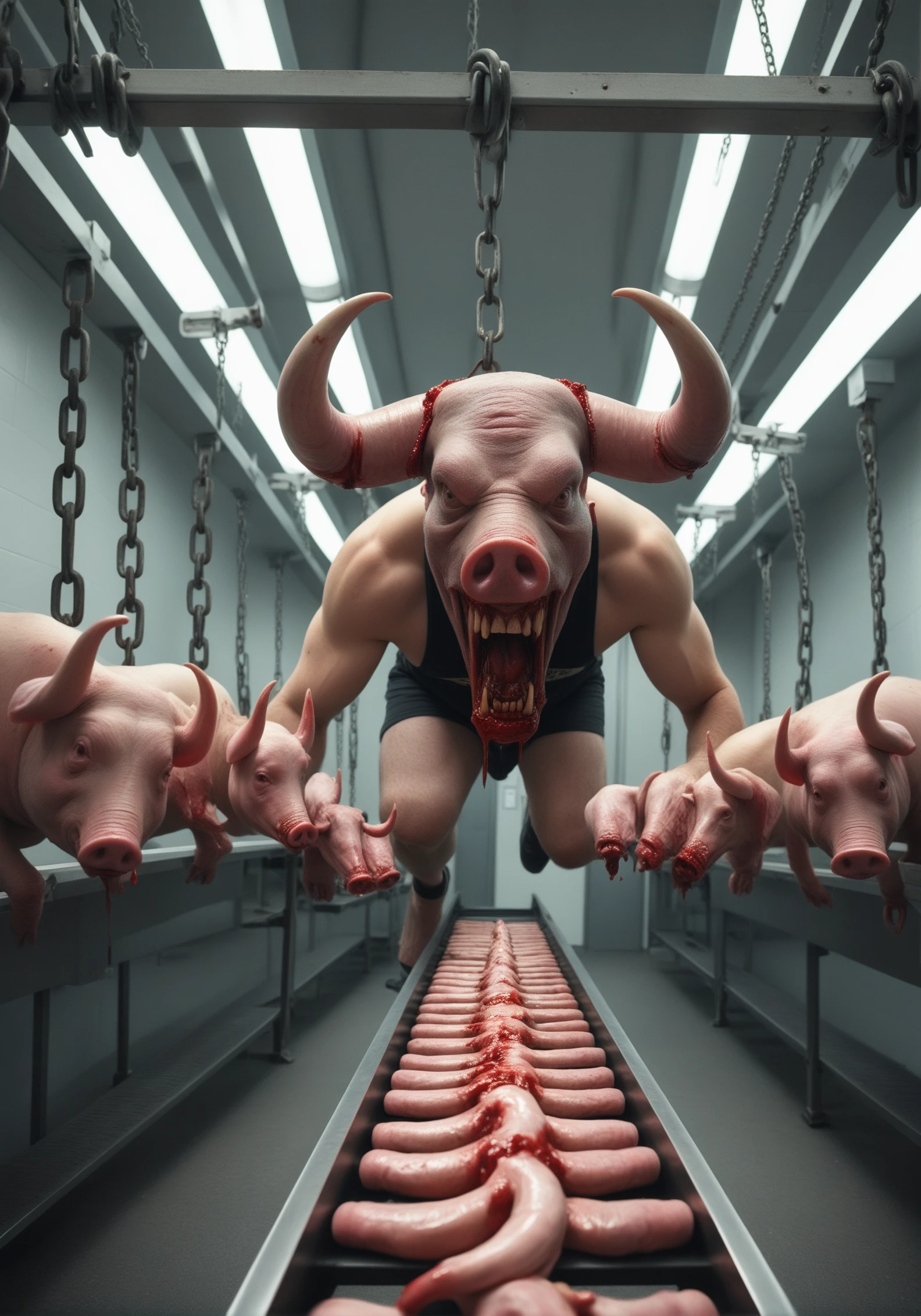 psyscho-sexual slaughterhouse with a giant horned demon holding a bone saw stands at the end of a ((pov conveyor belt running down an assembly line)) that has severed body parts coming toward him. smaller pig-faced creatures line the assembly line watching, their snouts dripping drool as they watch the bloody parts and arrange them. Meat slabs hang from chains and hooks from the ceiling. fluorescent lighting.