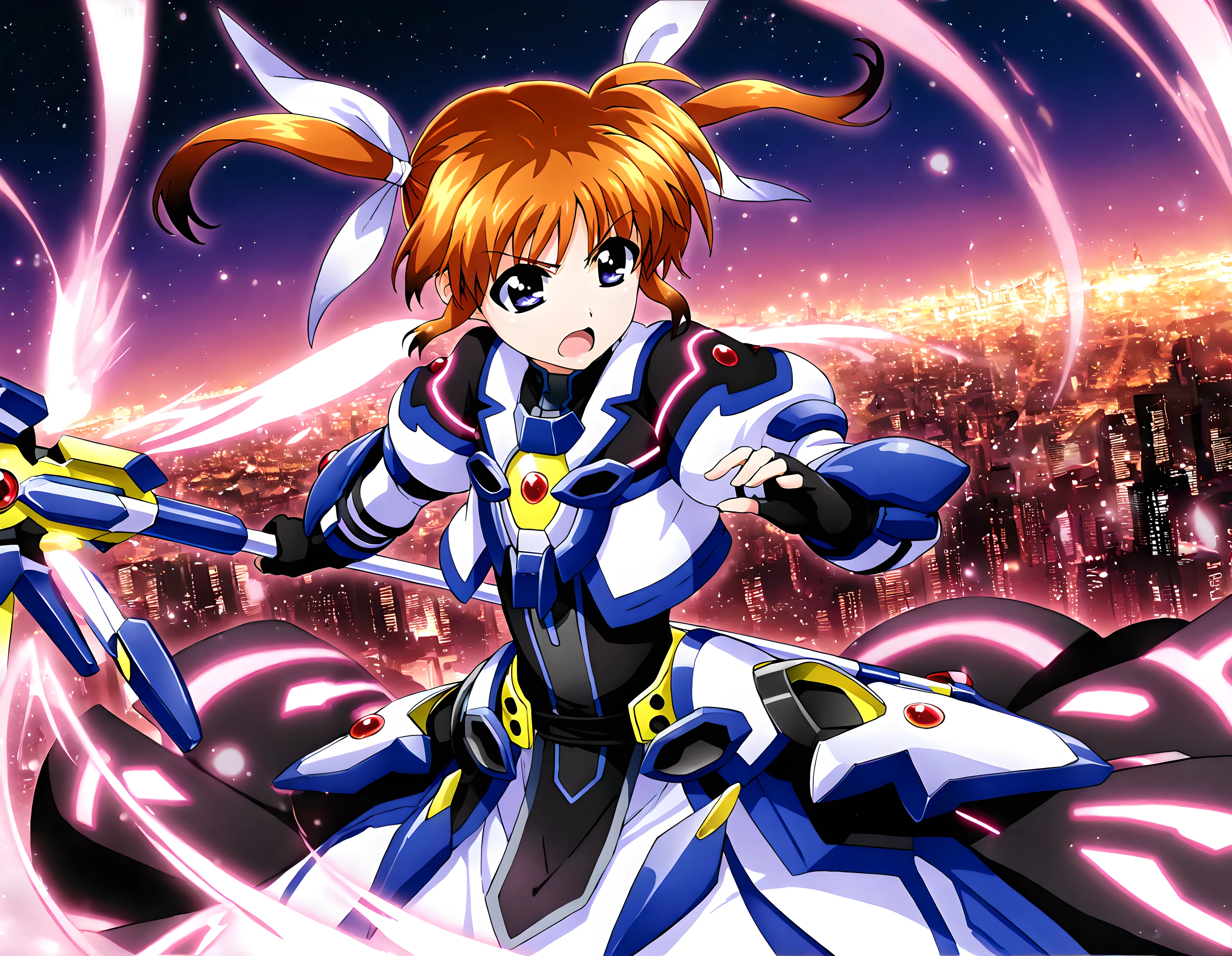 <lora:illustrious_XL_nanoha_v2:0.9>,nanoha,masterpiece,best quality,good quality,1girl,solo,white dress,armor,black shoulder,puffy sleeves,black fingeless gloves,holding staff,glowing,light particles,cityscape,starry sky,star \(sky\),cowboy_shot,open_mouth,