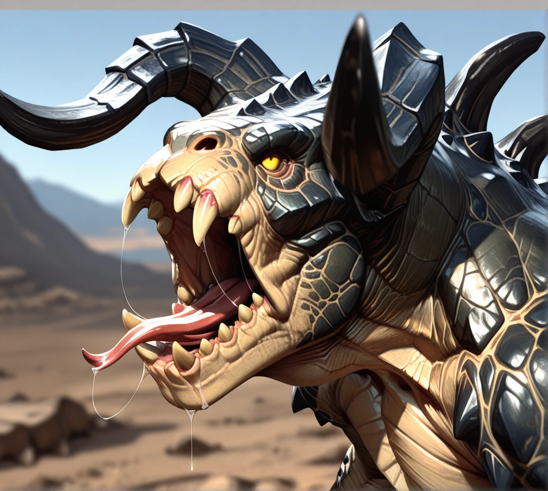 detailed face, detailed body, detailed background, perfect hands, perfect anatomy, masterpiece, high quality, best quality,
wasteland, ((blurry background)), close up, portrait, (three quarter view), side view, open mouth, roar, saliva, drool, drooling, saliva strand, forked tongue, tongue,
solo, d3athclaw, monster, creature, scales, textured skin, horns, sharp teeth, spikes, fangs, yellow eyes muscular,
<lora:Deathclaw for Illustrious:0.9>, <lora:detailed_notrigger:0.4>