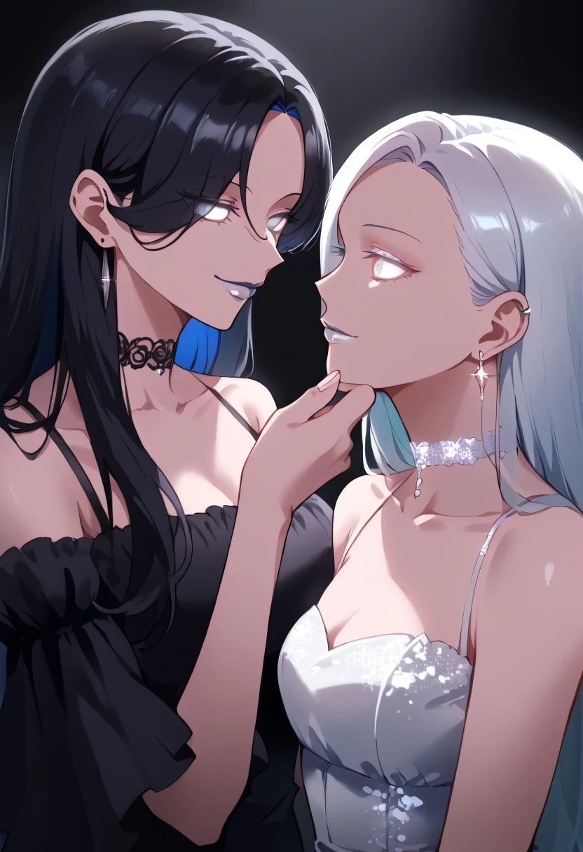 anime, two girls, adult, empty eyes, hypnotized, blank expression, expressionless, chin grab, handfixer, staring at another, looking into eyes, long hair, hair highlights, choker, sexy smile, fancy dress, lipstick, white lipstick, glossy lips, ear ring, glowing ear ring