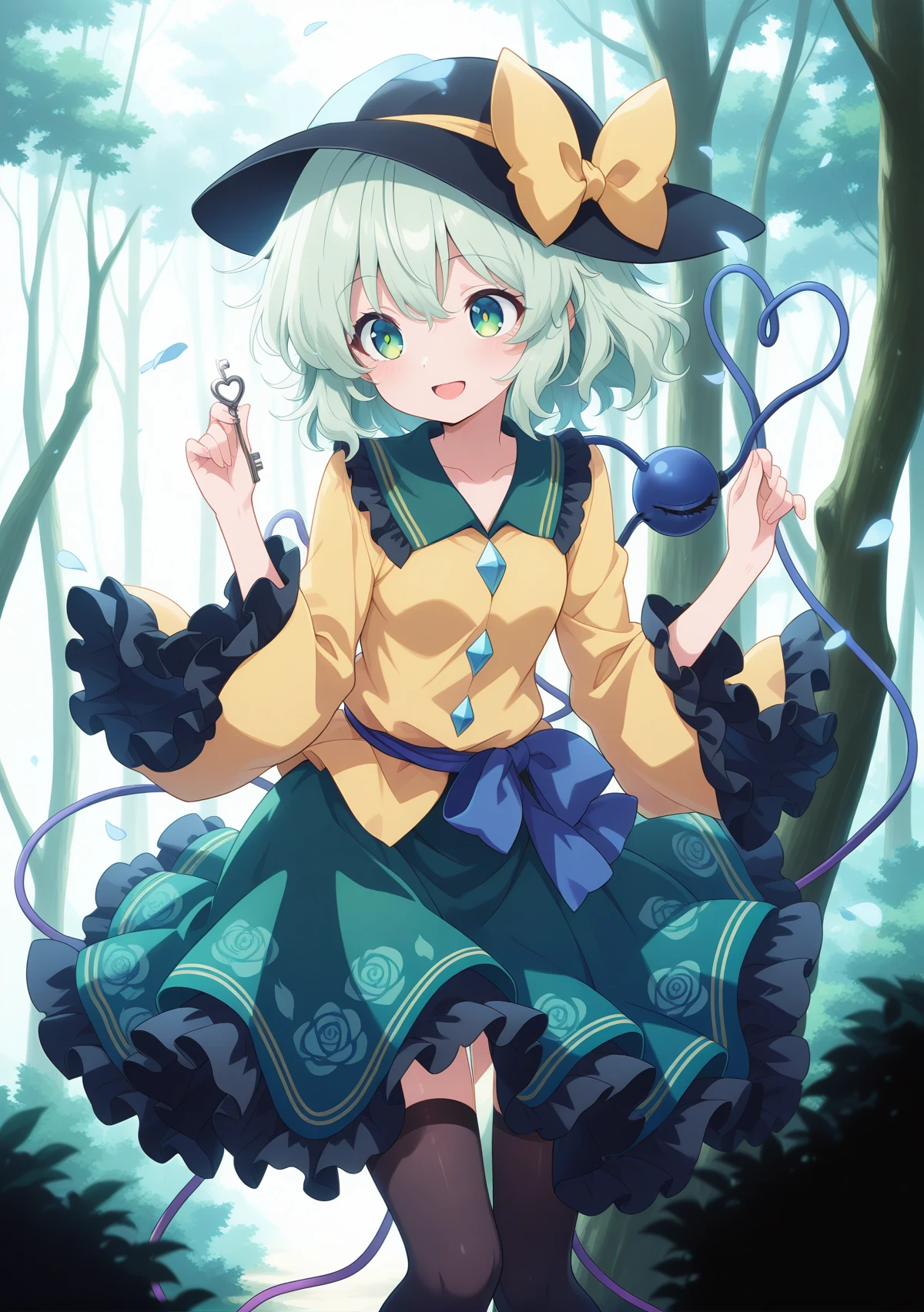 absurdres, highres, masterpiece, best quality, amazing quality, official anime artwork, screencap, anime screencap,
<lora:Komeiji-Koishi_illustrious:1> komeiji koishi, 1girl, solo, third eye, eyeball, heart of string, green hair, green eyes,, yellow shirt, black hat, frilled sleeves, frilled shirt collar, wide sleeves, hat bow, green skirt, yellow bow, hat ribbon, diamond button, yellow ribbon,
open mouth, petals, flowers, smile, holding key, day, forest, dynamic pose, waist ribbon,
