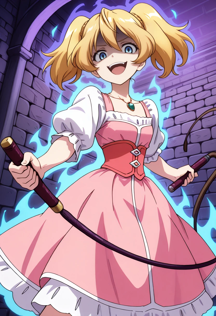 masterpiece, best quality, 1girl, solo, <lora:ill_silvia:1>, cross_silvia, <lora:whip_Stances:1>, whip, holding_whip, whipping, loosing whip, fighting stance, dynamic pose, (teal aura, purple aura:1.3), short body, pink dress, puffy short sleeves, pink skirt, corset, collarbone, pendant, blonde hair, twin tails, blue eyes, looking at viewer, shaded face, evil smile, open mouth, small pupils, dark prison, stone wall, from below