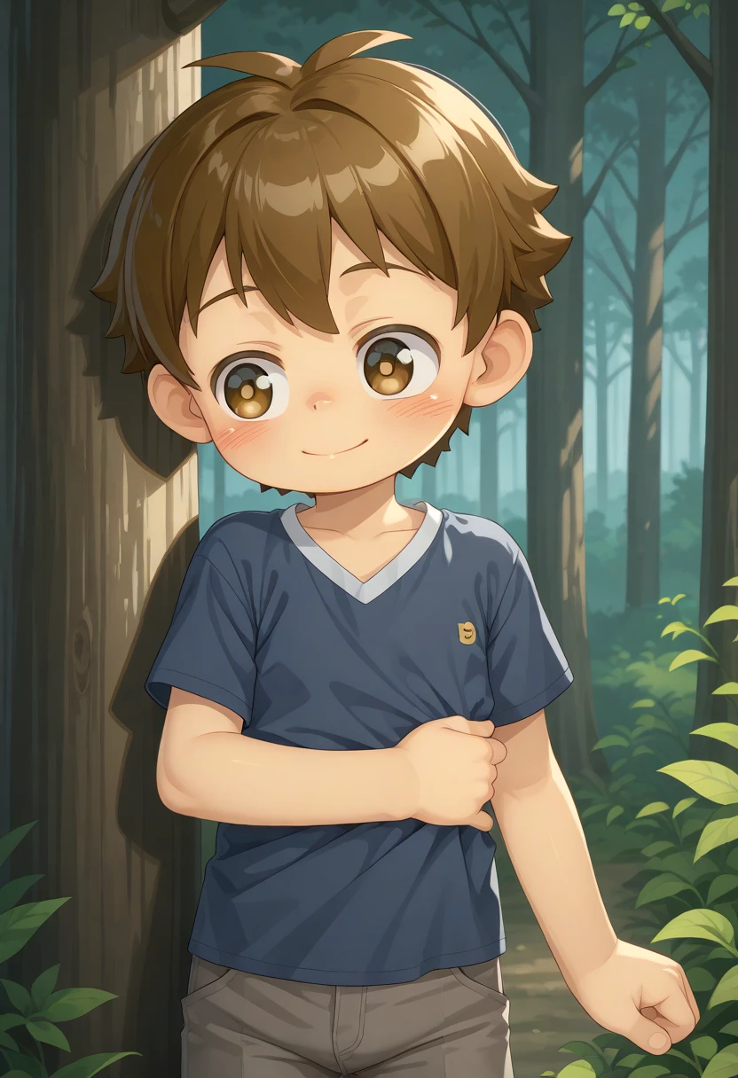 <lora:cutifiedanimecharacterdesign_variant_type_E_IL_v10:1>
forest,
type_e, blush, brown eyes,male focus, brown hair, pants, 1boy, hapy face expression, smile, shirt, solo,