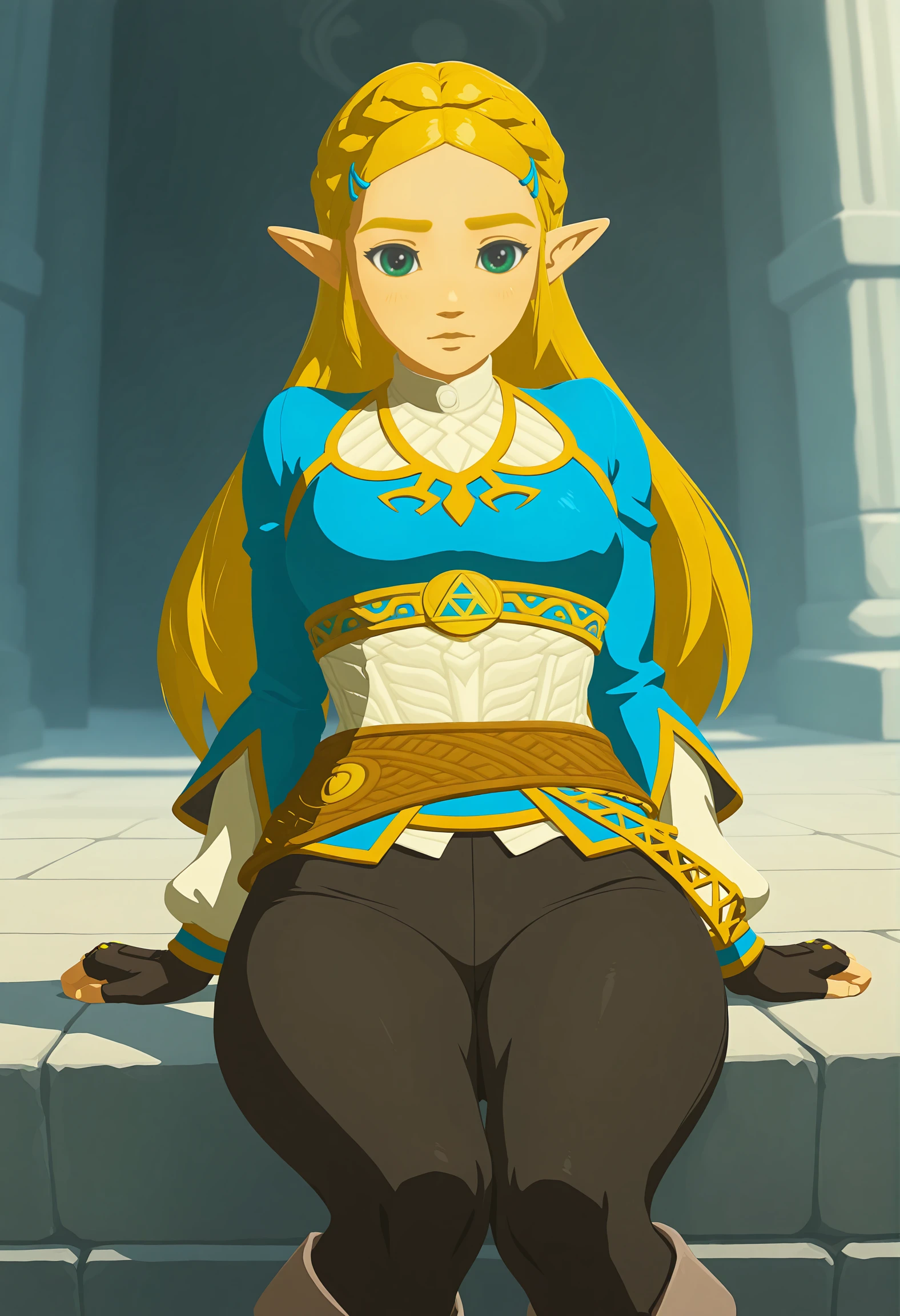 amazing quality,very aesthetic,absurdres,best quality,newest,masterpiece,4k resolution, absurdres, highres, detailed background,
<lora:Princess_Zelda_ILXL:0.8> 1girl, princess zelda, blonde hair, pointy ears, botw, long hair, blue shirt, black legwear, looking at viewer,