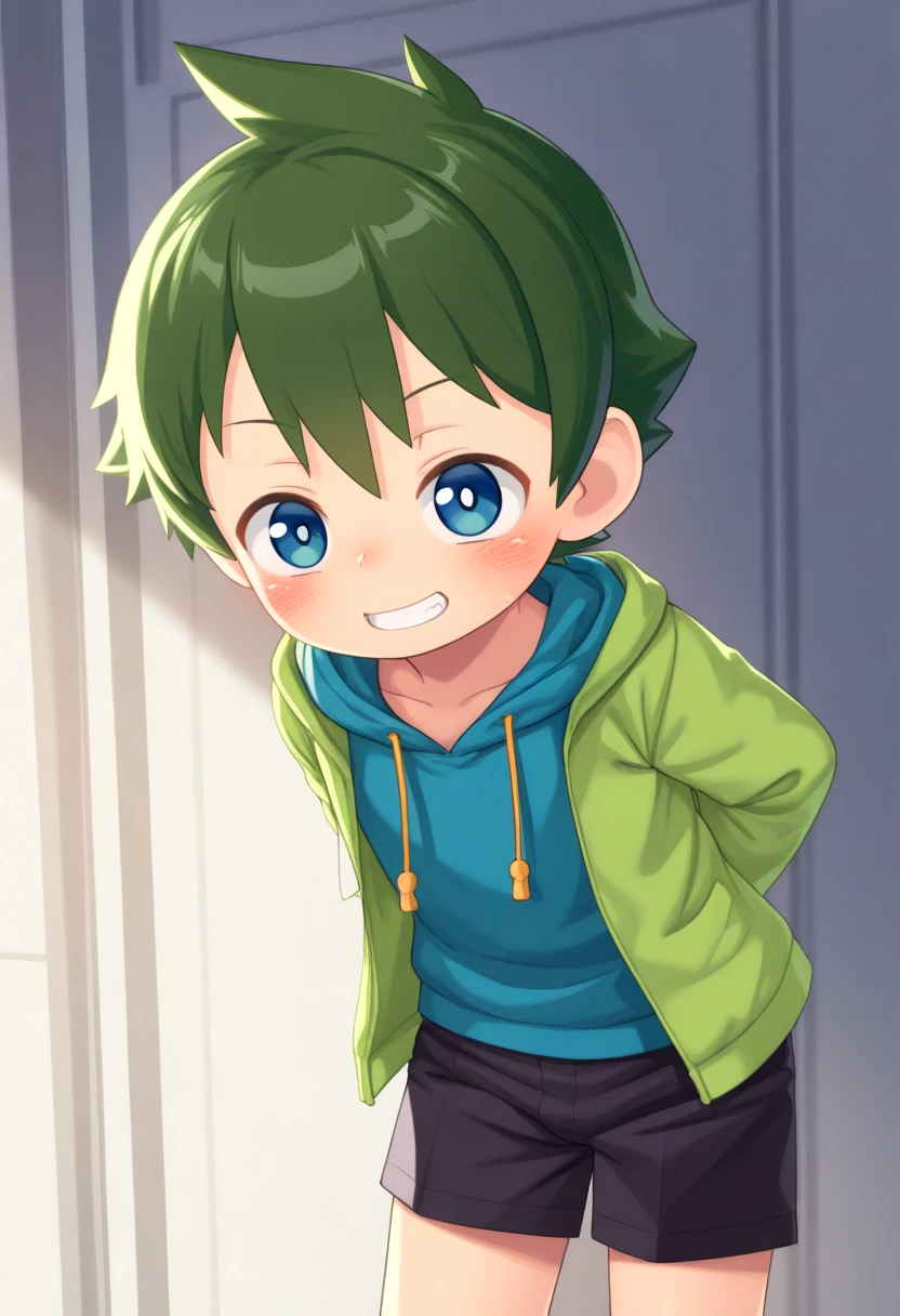 <lora:cutifiedanimecharacterdesign_variant_type_E_IL_v10:1>
type_e, blush, blue eyes,male focus, green hair, shorts, 1boy, solo, hapy face expression, grin, hoodie, hood down, short hair