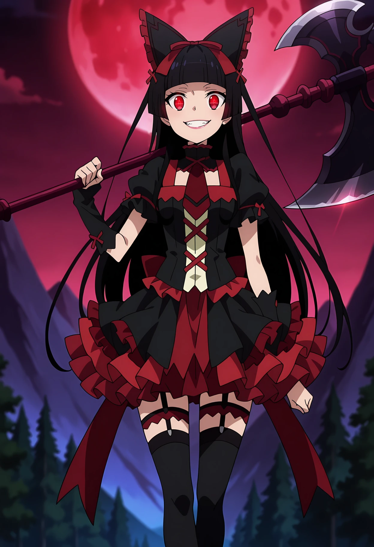 Female character with long black hair and bangs, cat ears, red and black clothing, a mean expression with black eyes, against a black background, anime style.