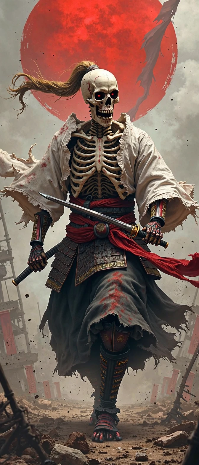 Super detailed 32K A ferocious skeletal samurai warrior captured mid-battle, exuding an aura of raw power, unyielding determination, and blood-soaked glory. The figure’s skull is hauntingly human yet terrifyingly alien, with its hollow, dark eye sockets burning red like smoldering embers. Blood streaks down the smooth ivory of the skull, vivid and fresh, amplifying the intensity of the scene. A golden ponytail, tied tightly, erupts from the top of the skull, whipping through the air as if charged by the energy of combat. The mouth is slightly ajar, as if roaring in defiance or victory, revealing jagged, skeletal teeth.
The torso is partially skeletal, its ribcage an exposed and intricate fusion of bone and ancient armor, ornately etched with faint golden patterns now dulled by age and battle. Blood smears across the chest, dripping from the warrior's body, adding to the visceral energy of the moment. Draped loosely over the skeletal frame is a battle-worn white kimono, tattered and stained with crimson streaks, each tear and mark telling a story of countless brutal clashes. The kimono flows dynamically in the wind, enhancing the dramatic tension. The left sleeve is almost entirely torn, revealing a muscular skeletal arm encased in crimson forearm guards adorned with sharp golden accents.
In the warrior’s right hand is a raised katana, its blade gleaming with an unnerving sharpness, coated in fresh blood that seems to drip mid-air. The hilt of the katana is intricately designed, combining black and gold motifs with wrapping that is frayed from extensive use. The left hand tightly grips the hilt of a sheathed wakizashi at the waist, suggesting readiness for rapid close combat. A vibrant red sash ties the ensemble together, its loose ends trailing dramatically, like flowing banners in the heat of battle.
The lower half of the warrior’s body is protected by a layered black hakama, splattered with mud, blood, and ash, each layer rippling with movement as the warrior strides forward. Golden accents peek through the gaps in the armor, reinforcing the samurai’s regal yet deadly presence. The feet, clawed and skeletal, press into the soaked, muddy ground with force, each step leaving deep imprints as if the earth itself is marked by the warrior’s rage.
The background amplifies the chaos and energy of the scene. A massive red sun, almost abstract in its form, dominates the backdrop, creating an apocalyptic sky smeared with clouds and ash. Shattered structures and tattered banners flutter wildly in the distance, while faint silhouettes of other warriors are obscured by a dense mist, adding an eerie, otherworldly tension. Blood splatters and dust particles hang in the air, frozen in the moment, making the scene feel alive with violence and glory.
Every detail of the composition speaks to the unrelenting ferocity and honor of a warrior locked in eternal combat. The visceral energy, dynamic pose, and dramatic lighting make the skeletal samurai feel larger than life, a living embodiment of chaos and defiance. Created by Sasan.