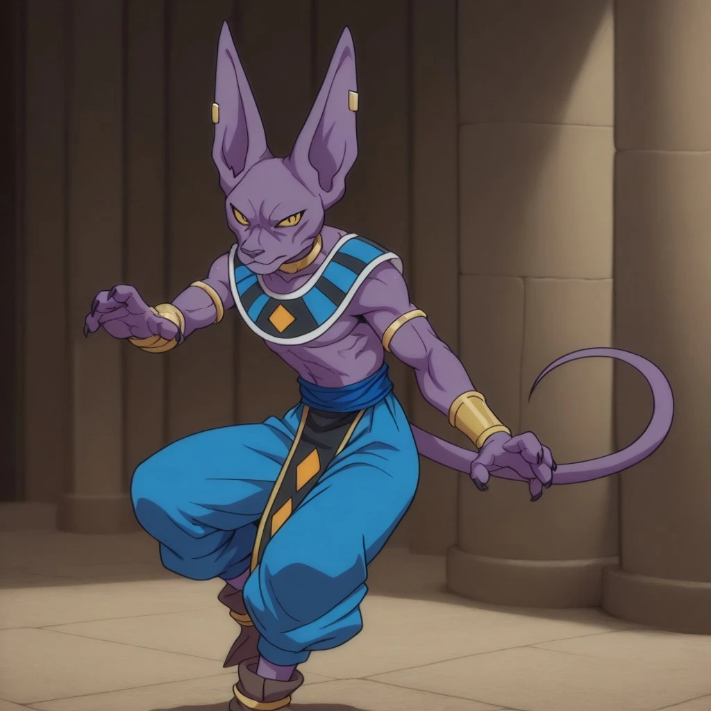 masterpiece, best quality, amazing quality,dbbeerusil, anthro, male, feline, purple skin, yellow eyes, egyptian clothes, blue pants, brown footwear, jewelry, neck ring, armlet, bracer, bracelet, earring, fighting stance