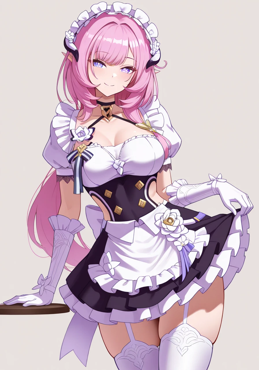 masterpiece, best quality, highres, simple background, looking at viewer, smile,
1girl, solo, elysia-maid, thighhighs, gloves,
<lora:elysia_il_v1:0.8>