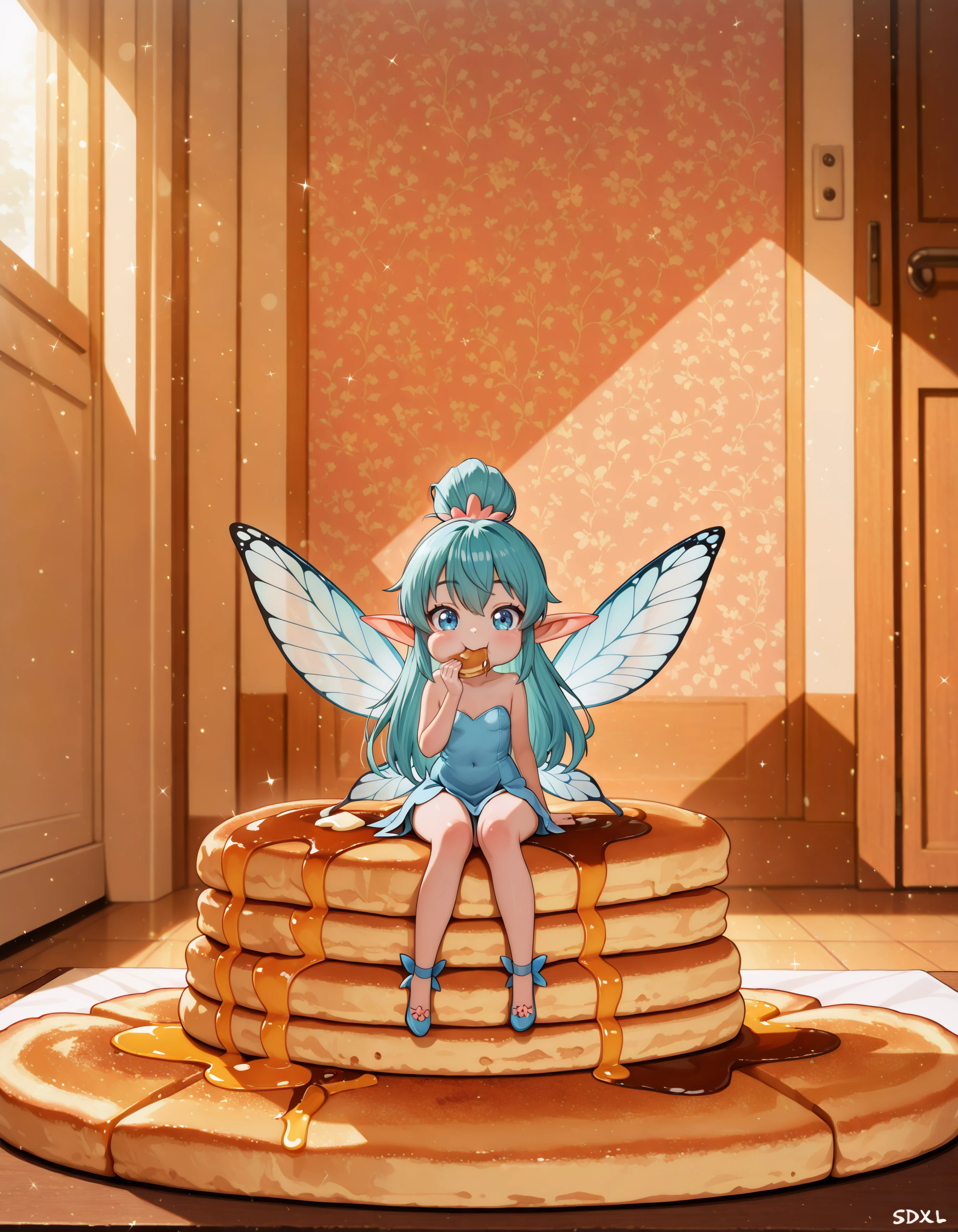 fairy_ast, tiny fairy, size difference, minigirl,, miniature:1.2, micro body, sitting on pancake, eating, nibbling, looking at viewer, innocent expression, (ultra kawaii),
(masterpiece, best quality, absurdres), masterpiece, highres, perfect anatomy, anime style, photorealistic, ultra realistic details, detailed skin, 8k wallpaper, SDXL, AddXL, AI Image Upscaling, beautiful composition, (extremely detailed cg), perfect lighting, dynamic angle, (sharp image),