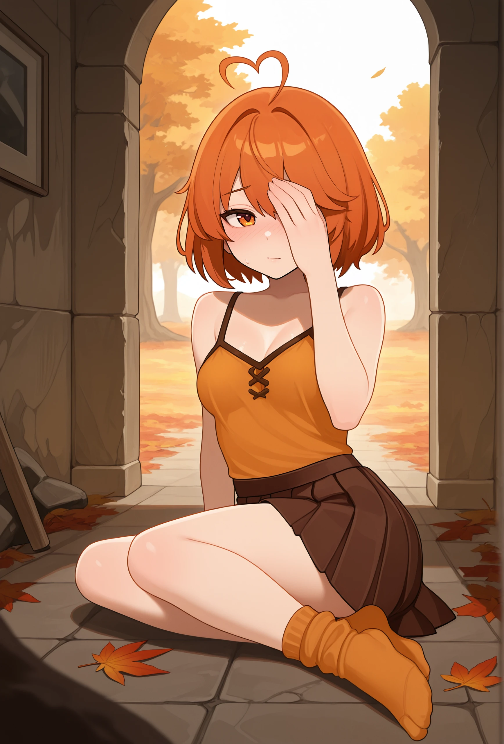 2d, masterpiece, best quality, anime, highly detailed, 1girl, solo, cowboy shot, nakano yotsuba, orange hair, hair bow, crop top, cleavage , miniskirt, medium breasts, standing, , outdoors, smile