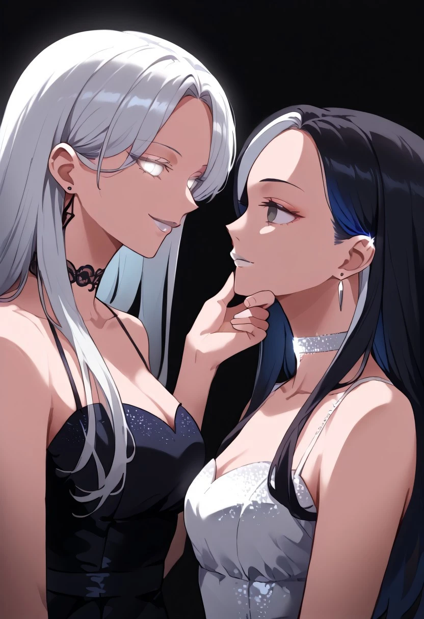 anime, two girls, adult, empty eyes, hypnotized, blank expression, expressionless, chin grab, handfixer, staring at another, looking into eyes, long hair, hair highlights, choker, sexy smile, fancy dress, lipstick, white lipstick, glossy lips, ear ring, glowing ear ring