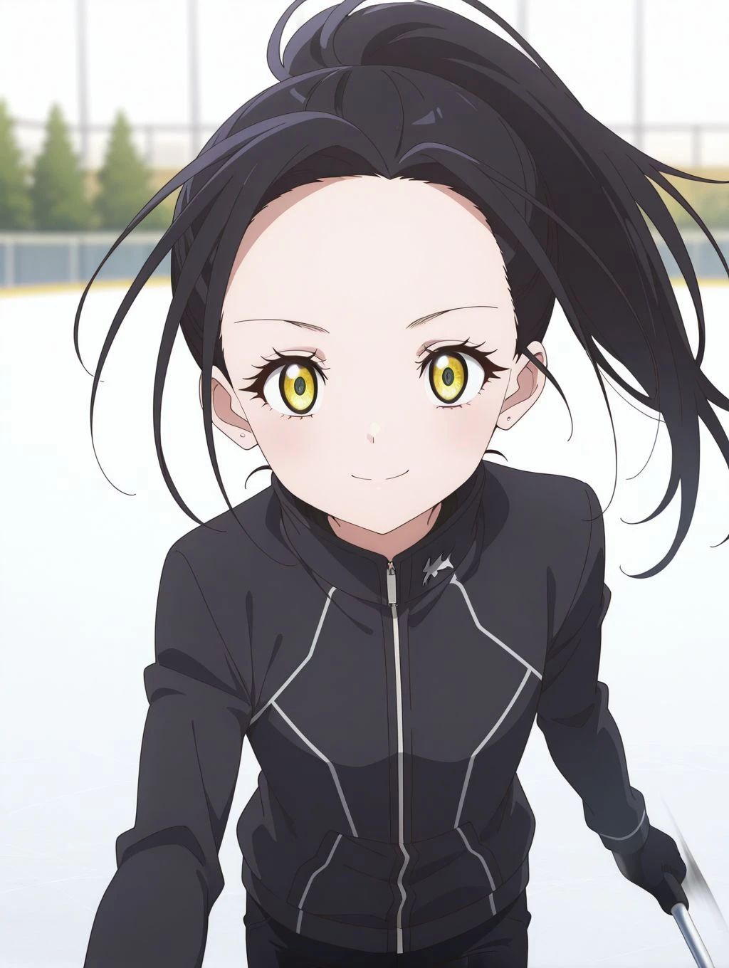 masterpiece, best quality, newest, absurdres, highres, detailed eyes, beautiful, detailed background, perfect eyes, anime coloring,1girl, solo, kamisaki hikaru, long hair, black hair, ponytail, yellow eyes, flat chest, black jacket, high collar, long sleeves, black pants, ice skates, ice skating, looking at viewer, (straight-on, close up, face-to-face:1.2), serious, smile, (simple background, blurry background, motion blur:1.2), <lora:hikaru_mdlst_illus:0.8>