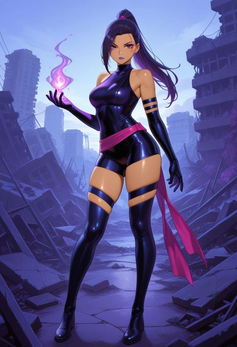 absurdres, masterpiece, best quality, very aesthetic, HDR, 8K, ultra-detailed, anime, 748cmstyle, outdoor, ruins, standing, full body, uses magic, purple magic flying out of hand,
1girl (Psylocke_Fortnite, solo, dark-skinned female, purple hair, black hair, long hair, ponytail, asymmetrical hair, mole, purple eyes, makeup, purple lips, skin tight, elbow gloves, bare shoulders, black overalls, sash, boots, skindentation, shiny skin, skinny, narcissistic),