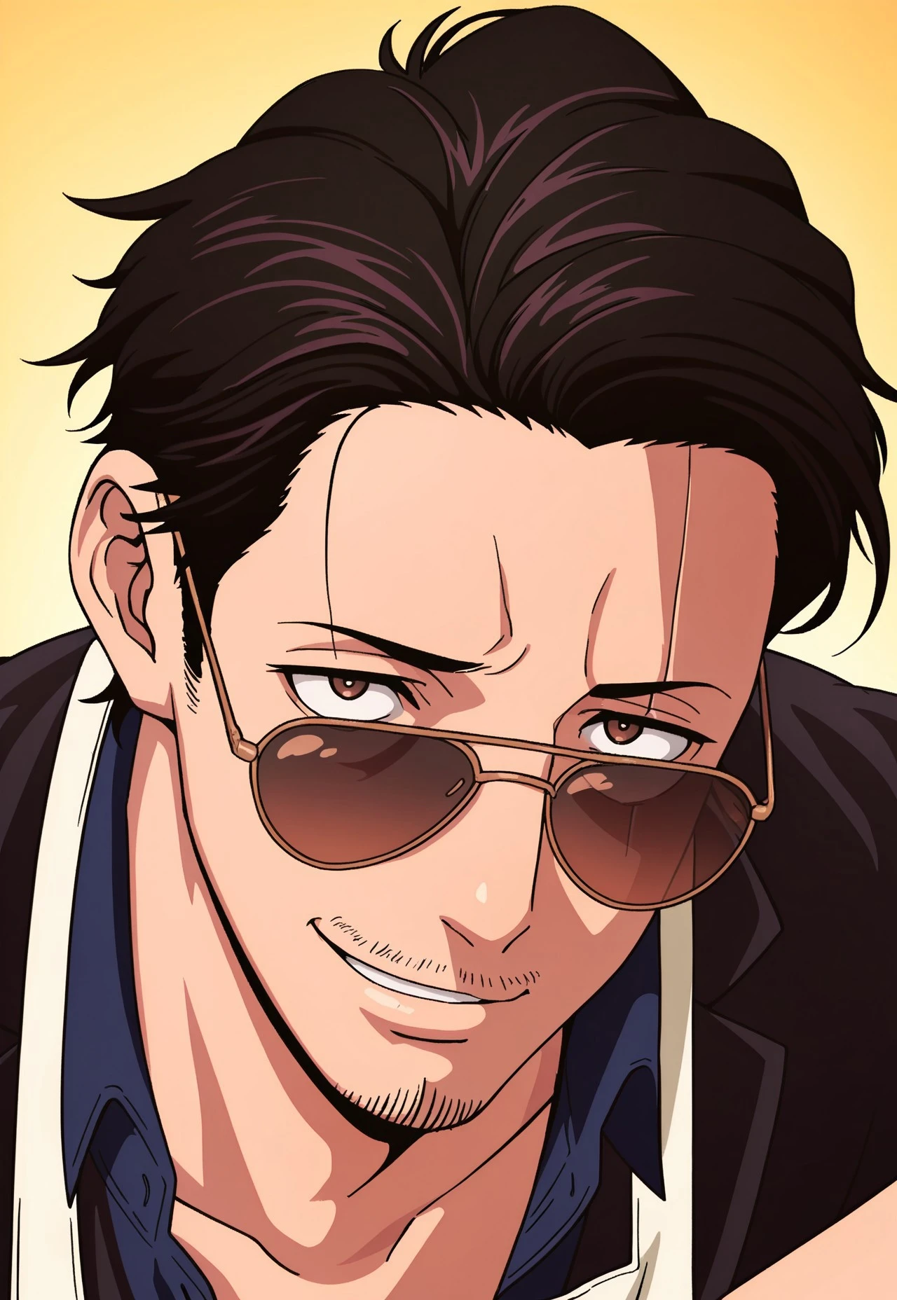 safe_pos, source_anime, rating_nsfw, ultra hd, absurdres, solo, masterpiece, best quality, best aesthetic, 1boy, male focus,
HHTatsu, black hair, facial hair, stubble, sunglasses, apron with dog logo, blue shirt, portrait, headshot, looking at viewer, smiling