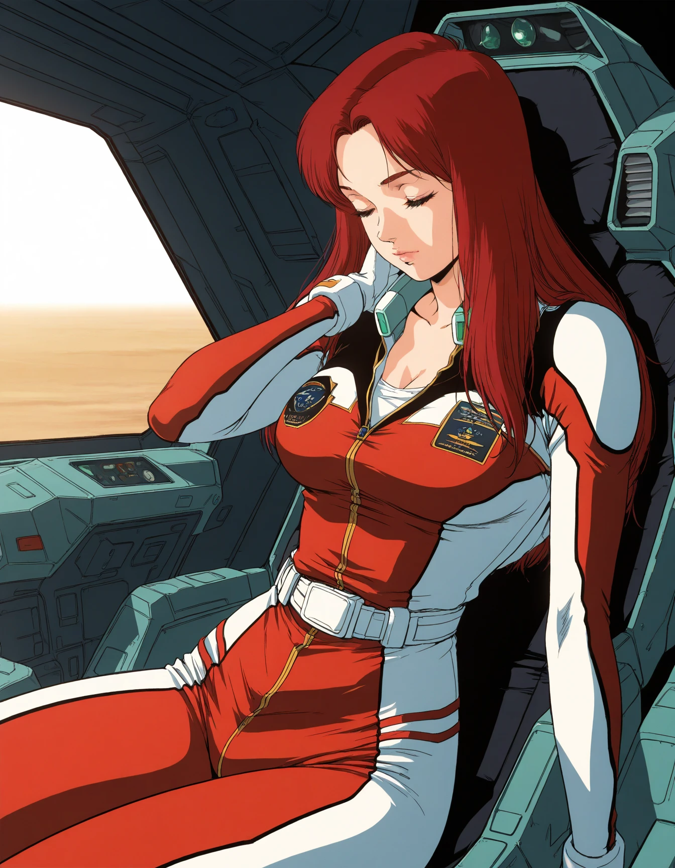 masterpiece, best quality, good quality, 1girl,solo,cowboy shot,sitting,cockpit,looking away,(retro style:0.3),
<lora:christina_v1.0:1>,christina,red hair, parted bangs,green eyes,lips,large breasts, military,pilot suit,bodysuit,belt,open neck,bare neck,undershirt,hand on neck,closed mouth,closed eyes,