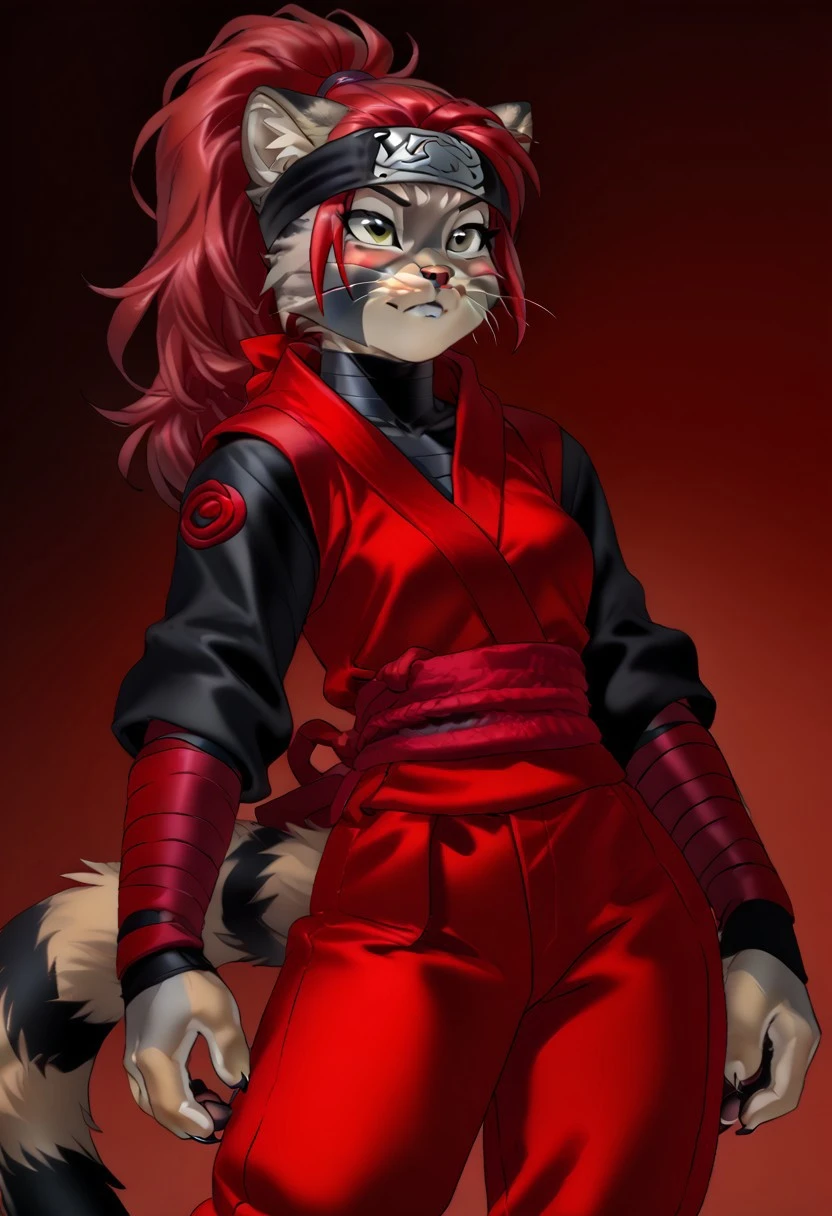 score_9, score_8_up, score_7_up, (by jailbird:1.5), (by kittydee:1.5), (by zummeng:1.5), masterpiece, best quality, (solo),
(Furry Art: anthro: Pallas's Cat:1.5), expressive eyes, feminine eyes, <lora:beautiful_detailed_eyes:1>, perfect face, cat. feline, (grey fur), light brown fur, black zigzag lines on the cheek, round cat ears, (red hair:1.5), (ponytail hair), (blunt bangs), small breasts, (ninja topwear:1.5), (ninja pants:1.5), (ninja headband),