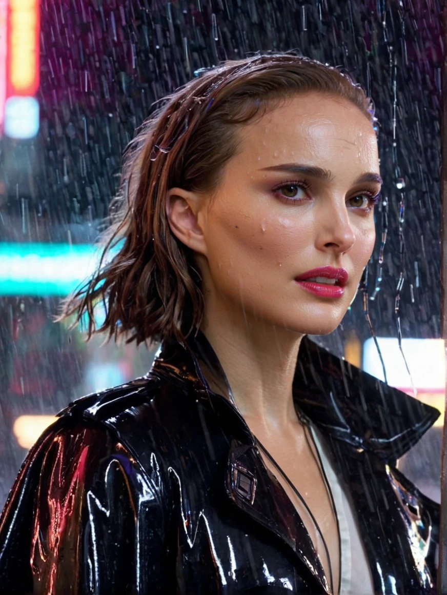 <lora:Natalie_Portman_SDXL_101:1> natalieportman101 1girl cyberpunk half machine neon lights raining outside at night