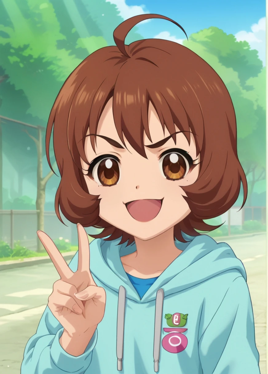score_9,score_8_up,score_7_up, anime screencap, RAN, source anime, anime screenshot, anime coloring, himitsustyle, solo female, 1girl, brown hair, brown eyes, brown hair, upper body, peace sign, smile, open mouth, ahoge, view, short hair, outdoors, hoodie, looking_at_viewer, smile, <lora:Himitsu_no_Cocotama:0.7> <lora:Ueda_Suzuho-69:0.8>