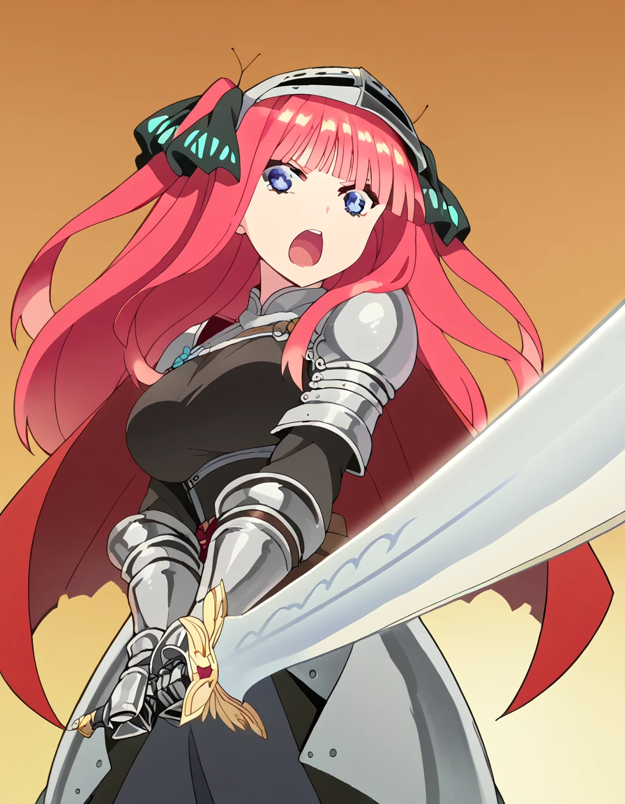 score_9, score_8_up, score_7_up, source_anime, <lora:nnakano-s2-ponyxl-lora-nochekaiser:1>, long hair, bangs, blue eyes, hair ornament, hair ribbon, pink hair, blunt bangs, two side up, butterfly hair ornament, large breasts, anime screencap, <lora:sunrise-stance-ponyxl-lora-nochekaiser:1>, sunrise stance, weapon, sword, solo, open mouth, holding weapon, holding, holding sword,, <lora:knight-ponyxl-lora-nochekaiser:1>, knight, armor, cape, shoulder armor, gauntlets, helmet, pauldrons, red cape,,