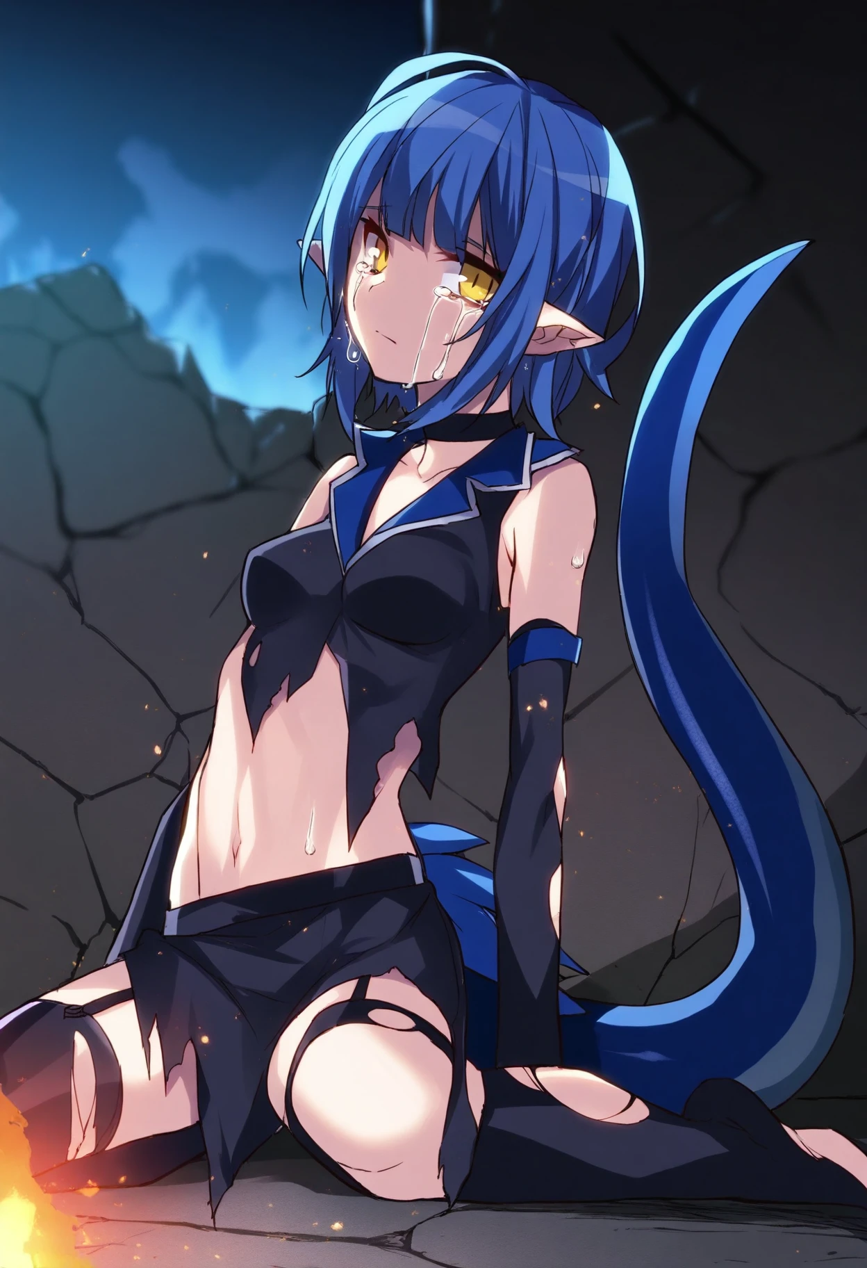 Dwarf pygmy slender looking up looking up cat eyes triangular mouth flushed cheeks blue hair short messy hair amber eyes black pupils dark skin sports bra bottoms leather gloves short boots belt choker bandage stoop sitting on the floor spreads legs legs stretched feet put your hand between your legs