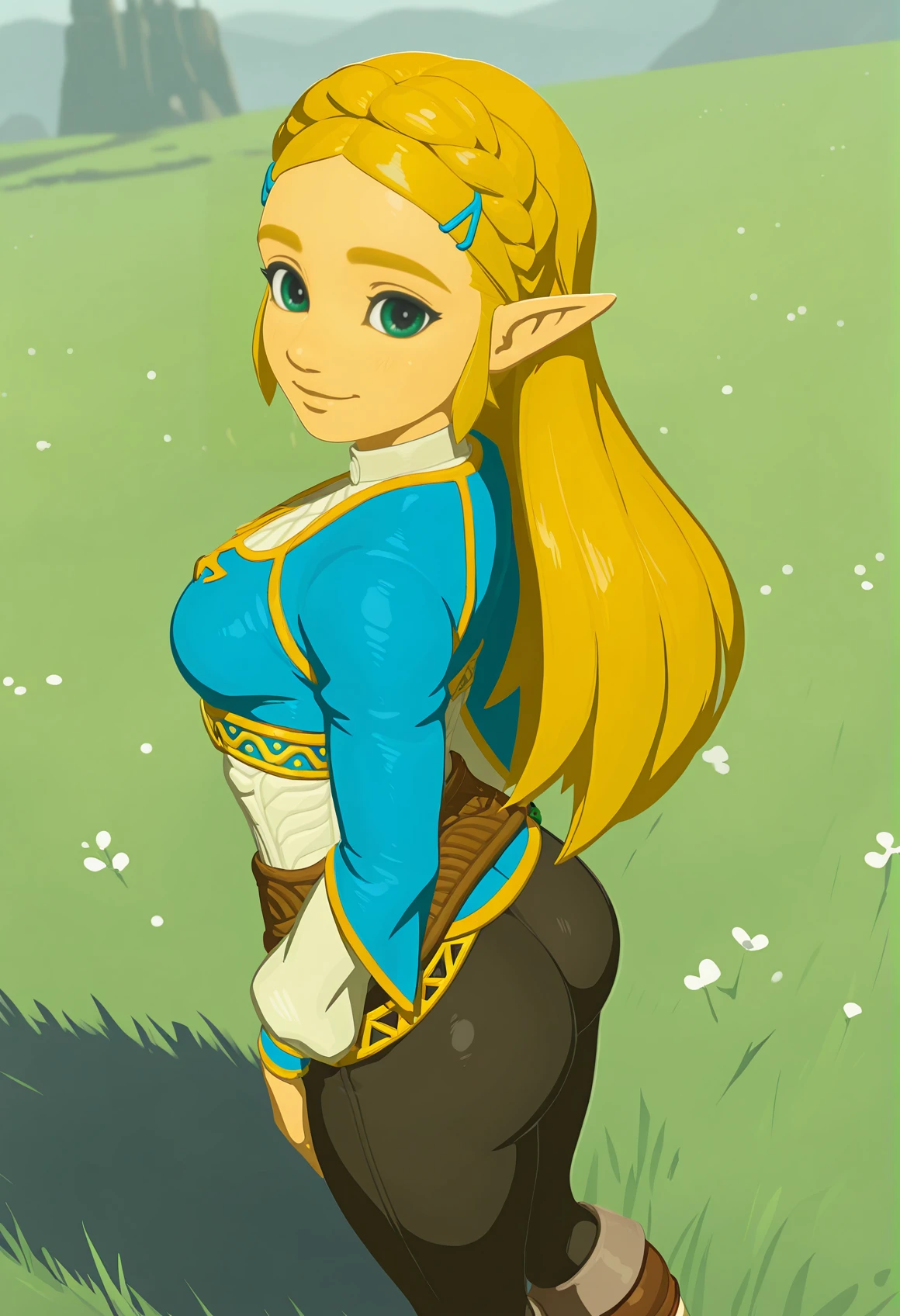 amazing quality,very aesthetic,absurdres,best quality,newest,masterpiece,4k resolution, absurdres, highres, detailed background,
<lora:Princess_Zelda_ILXL:0.8> 1girl, princess zelda, blonde hair, pointy ears, botw, long hair, hair ornament, blue shirt, black legwear, (thick thighs:0.6), smile, happy, looking at viewer, grass, standing,