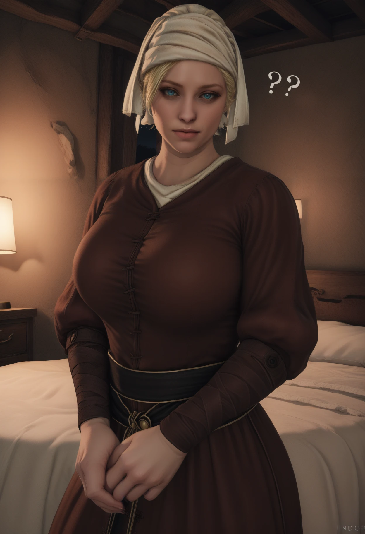 masterpiece, best quality, newest, hdr, indoors, moon, moonlight, bedroom, looking at viewer, closed mouth, confused, ?, mature female, curvy, white head scarf, blonde hair, short hair, puffy sleeves, long sleeves, brown arm wrap, blue eyes, brown dress, sash, own hands together, cowboy shot,
<lora:Milibeth:0.8>