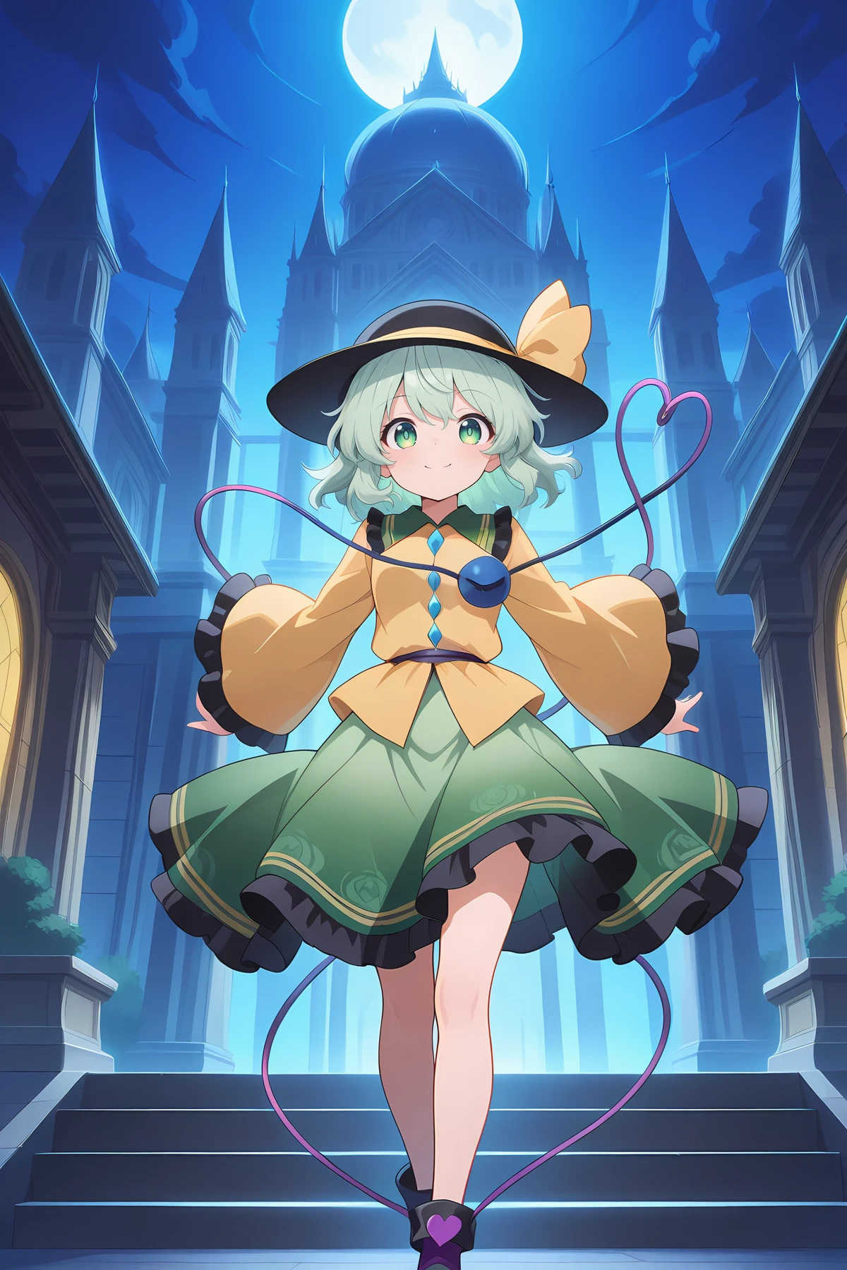 absurdres, highres, masterpiece, best quality, amazing quality, official anime artwork, screencap, anime screencap, outdoors, palace, dark, night, dynamic pose, looking at viewer,
<lora:Komeiji-Koishi_illustrious:1> komeiji koishi, 1girl, solo, third eye, eyeball, heart of string, green hair, green eyes,, yellow shirt, black hat, frilled sleeves, frilled shirt collar, wide sleeves, hat bow, green skirt, yellow bow, hat ribbon, diamond button, yellow ribbon, smile,