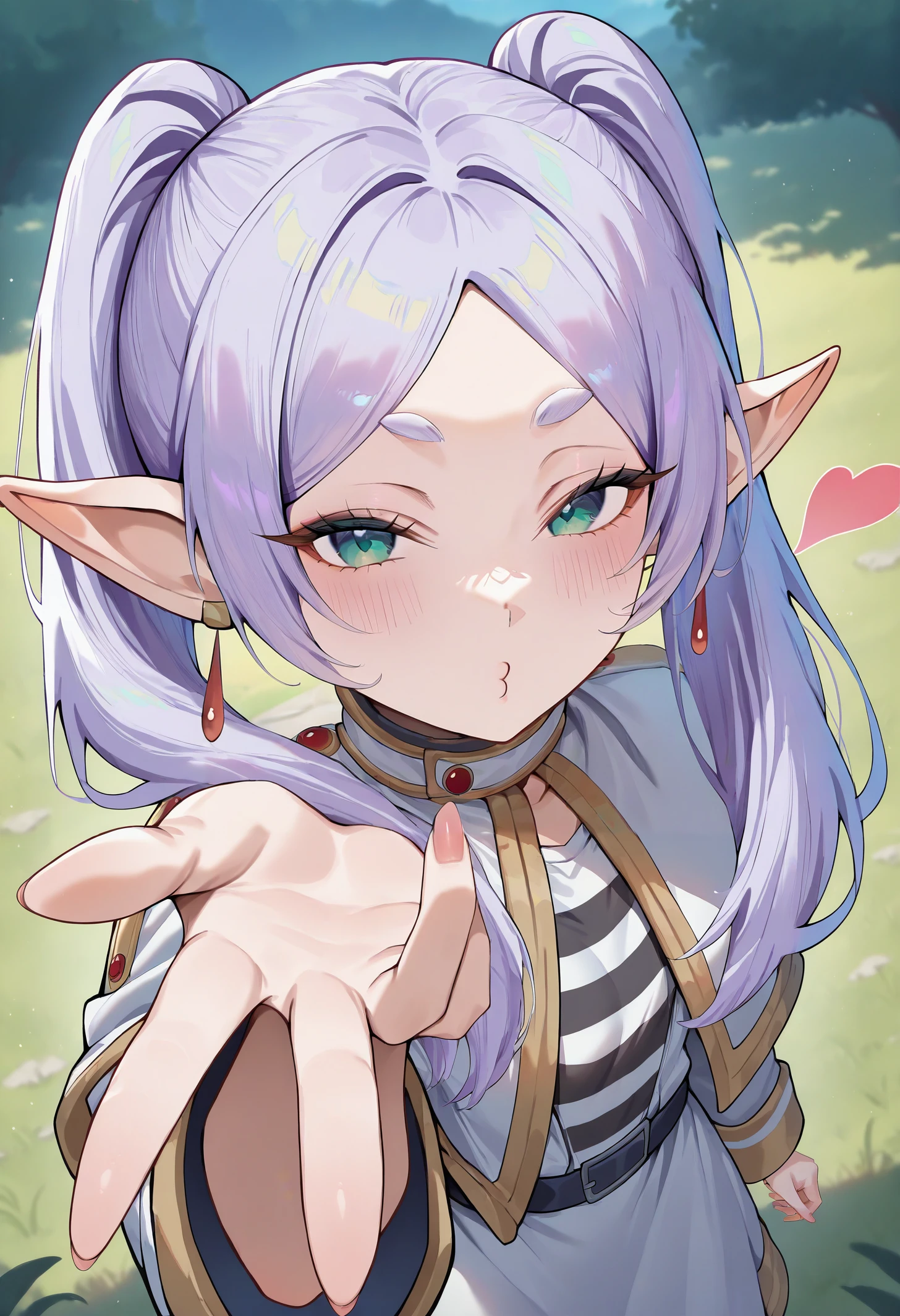 masterpiece, best quality, newest, absurdres, highres, 1girl, blowing kiss, heart, puckered lips, o3o, <lora:FrierenBlowingKissMeme_illusXLNoobAI_Incrs_v1-000010:1>, looking at viewer, frieren, sousou no frieren, twintails, outdoors, seductive smile, nails, blush, foreshortening, from above,