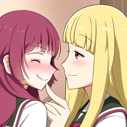 anime, 2girls, chin grab, smile, embarrassed, high school uniform, long hair, close up