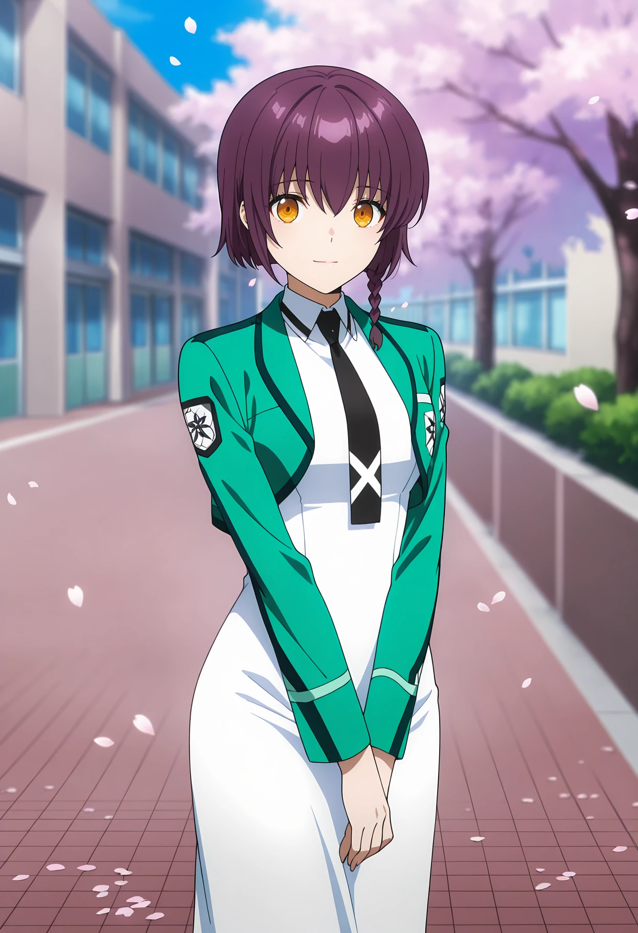 anime screencap, masterpiece, best quality,
<lora:MahoukaKoukouNoRettousei_SakuraiMinami_IlluXL:0.9>,
1girl, solo, closed mouth, light smile,
short hair, purple hair, single braid, multicolored eyes,
MinamiSchool, cropped jacket, green jacket, collared dress, long dress, pencil dress, white dress, black necktie, school emblem, long sleeves,
v arms, standing, looking at viewer, cowboy shot,
outdoors, cherry blossoms, falling petals, school, science fiction, blurry background