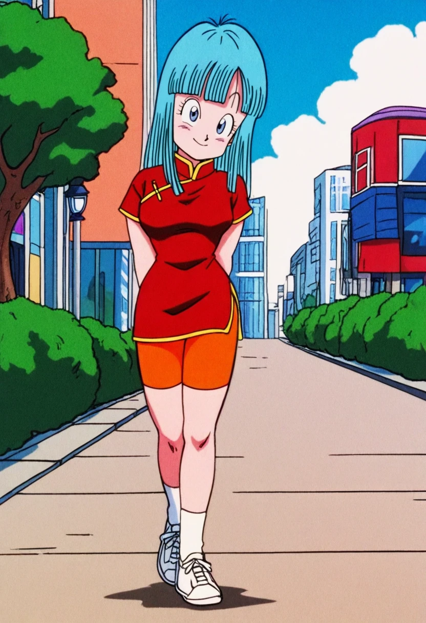 masterpiece,best quality, amazing quality, very aesthetic,absurdres,leold style,maron, 1girl, solo, aqua hair, blue eyes, blunt bangs, city, sidewalk, full body, tree, blue sky, walking, red china dress, orange bike shorts, white socks, white sneakers, smile,closed mouth, side slit, city,cloud,anime screencap,arms behind back,looking at viewer,(v arms:0.6), head tilt,yellow trim <lora:MaronIllus:1>