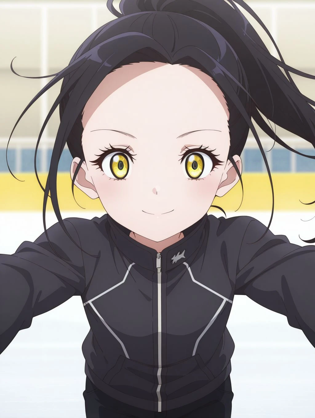 masterpiece, best quality, newest, absurdres, highres, detailed eyes, beautiful, detailed background, perfect eyes, anime coloring,1girl, solo, kamisaki hikaru, long hair, black hair, ponytail, yellow eyes, flat chest, black jacket, high collar, long sleeves, black pants, ice skates, ice skating, looking at viewer, (straight-on, close up, face-to-face:1.2), serious, smile, (simple background, blurry background, motion blur:1.2), <lora:hikaru_mdlst_illus:0.8>