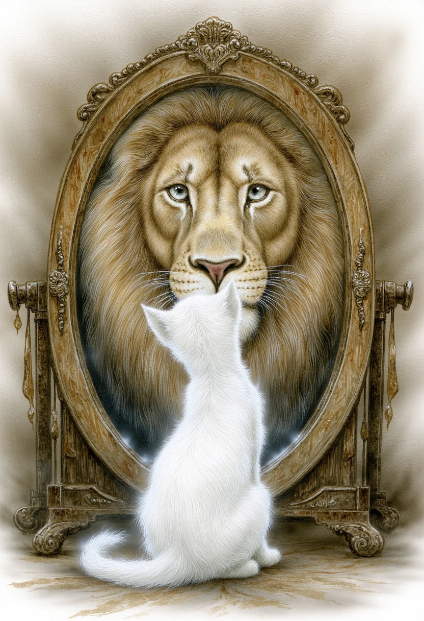 Sketch by Luis Royo. A white kitten standing in front of a mirror. The cat's reflection is that of an adult lion, creating a whimsical contrast between the small, innocent-looking kitten and the imposing image of the grown animal it might one day resemble. The mirror has an ornate golden frame, and the setting appears to be indoors with dark surroundings that accentuate the subjects in the lighted area.
