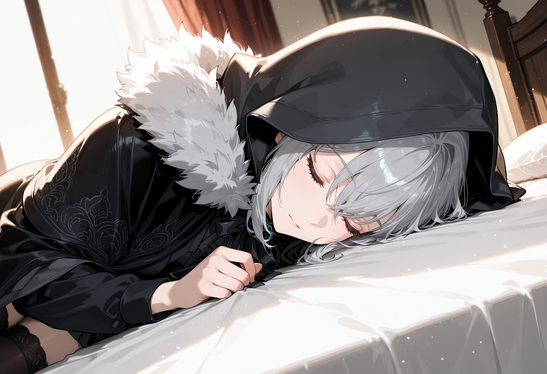 <lora:Gray.safetensors:0.9:0.9> <lora:SDXL_HandFineTuning_XL.safetensors:0.4:0.4> <lora:for_illust_spo_sdxl_10ep_4k-data_lora_webui.safetensors:0.7000000000000001:0.7000000000000001> <lora:for_illust_GBF_Illustrious.safetensors:0.4:0.4> <lora:for_illust_ponyv5_noobV065S_1_adamW-000013.safetensors:0.4:0.4> <lora:for_illust_748cmSDXL.safetensors:0.2:0.2> <lora:warm light style v2.safetensors:0.4:0.4>,perfect quality, best quality, absolutely eye-catching, cinematic, (masterpiece), (ultra-detailed), Soft lighting, very aesthetic, illustration, perfect composition, ultra detailed face, 1girl, lying, sleeping, 1girl, gray, grey hair, closed eyes, black jacket, black cloak, hood up, hair between eyes, double-parted bangs, sidelocks, black ribbon, black thighhighs, fur-trimmed coat, close eyesindoors, bedroom, on bed,