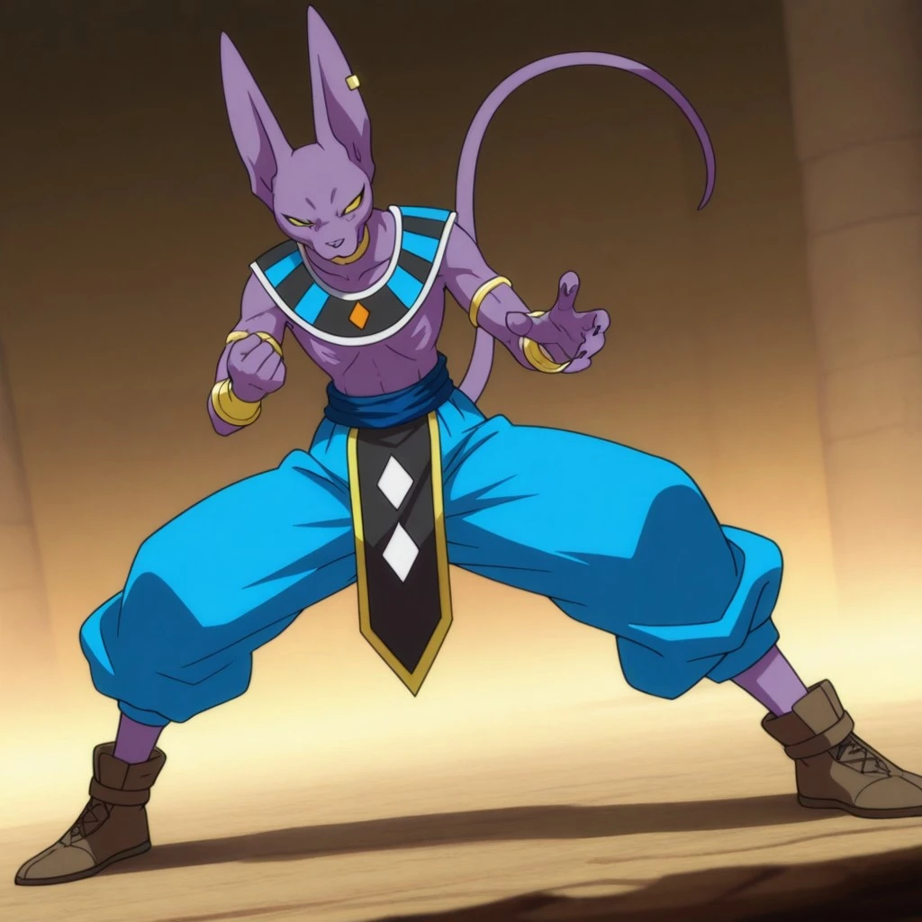masterpiece, best quality, amazing quality,dbbeerusil, anthro, male, feline, purple skin, yellow eyes, egyptian clothes, blue pants, brown footwear, jewelry, neck ring, armlet, bracer, bracelet, earring, fighting stance