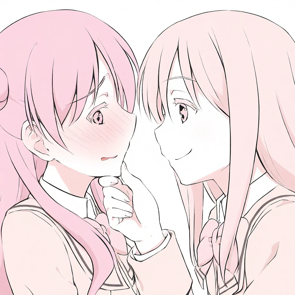 anime, 2girls, chin grab, smile, embarrassed, high school uniform, long hair, close up