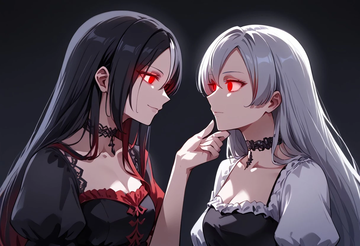 anime, two girls, adult, empty eyes, hypnotized, blank expression, expressionless, chin grab, handfixer, staring at another, looking into eyes, long hair, hair highlights, choker, sexy smile, fancy dress, glowing eyes, red eyes and black eyes