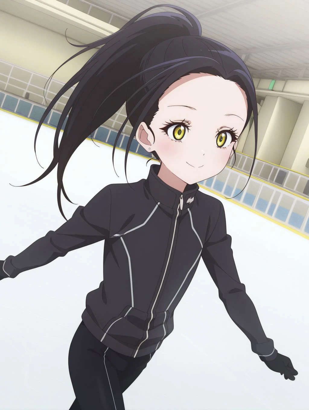 masterpiece, best quality, newest, absurdres, highres, detailed eyes, beautiful, detailed background, perfect eyes, anime coloring, 1girl, solo, kamisaki hikaru, long hair, black hair, ponytail, yellow eyes, flat chest, black jacket, high collar, long sleeves, black pants, ice skates, ice skating, looking at viewer, smile, dutch angle, cowboy shot, (indoors, ice rink), <lora:hikaru_mdlst_illus:1>