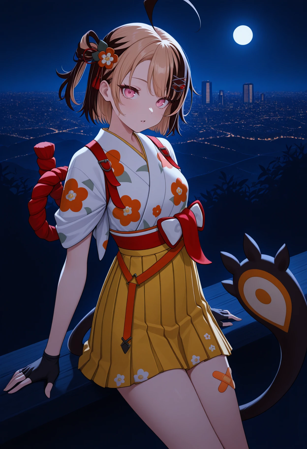 masterpiece, best quality, 1girl, solo, GigiNwYrs, pink eyes, multicolored hair, short hair, one side up, ahoge, hair flower, x hair ornament, white kimono, floral print kimono, short sleeves, shimenawa, red sash, hakama skirt, yellow skirt, short skirt, black gloves, fingerless gloves, bandaid on leg, tail, three quarter view, looking at viewer, hair behind ear, eyelashes, parted lips, outdoors, night, moonlight, hill, dark theme, high contrast, cityscape, skyline, <lora:ChamGigiMurinIllustriousXL:1>