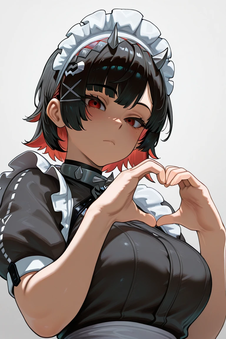 masterpiece,best quality,absurdres, amazing quality, hi res, masterpiece, best quality, detailed, amazing quality, detailed face, detailed eyes, clean eyes, best quality, highres, very aesthetic, newest, ultra-detailed, illustration, (best quality:1.1),ultra-detailed, high resolution, super detailed skin, beautiful detailed eyes, nsfw, Brightly Lit, Highly Visible, 8k, sharp focus, beautiful, perfect lighting, beautiful eyes, anatomically correct, anatomically correct face, extremely detailed eyes, smooth edges, beautiful face, symmetrical eyes, symmetrical face, BREAK newest, (volumetric lighting, scenery),
BREAK ANS_Style, ellen joe, 1girl, black hair, breasts, closed mouth, colored inner hair, gradient background, grey background, heart, heart hands, looking at viewer, maid, maid headdress, medium breasts, mole, mole under eye, multicolored hair, puffy short sleeves, puffy sleeves, red eyes, red hair, short hair, short sleeves, solo, two-tone hair, upper body