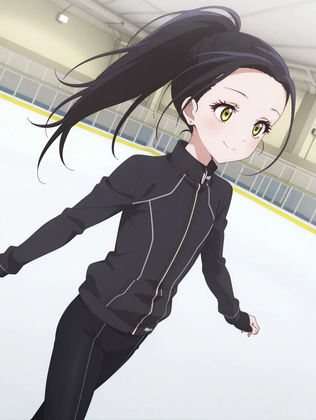 masterpiece, best quality, newest, absurdres, highres, detailed eyes, beautiful, detailed background, perfect eyes, anime coloring, 1girl, solo, kamisaki hikaru, long hair, stud earrings, black hair, ponytail, yellow eyes, flat chest, black jacket, high collar, long sleeves, black pants, ice skates, ice skating, smile, dutch angle, cowboy shot, (indoors, ice rink), <lora:hikaru_mdlst_illus:1>