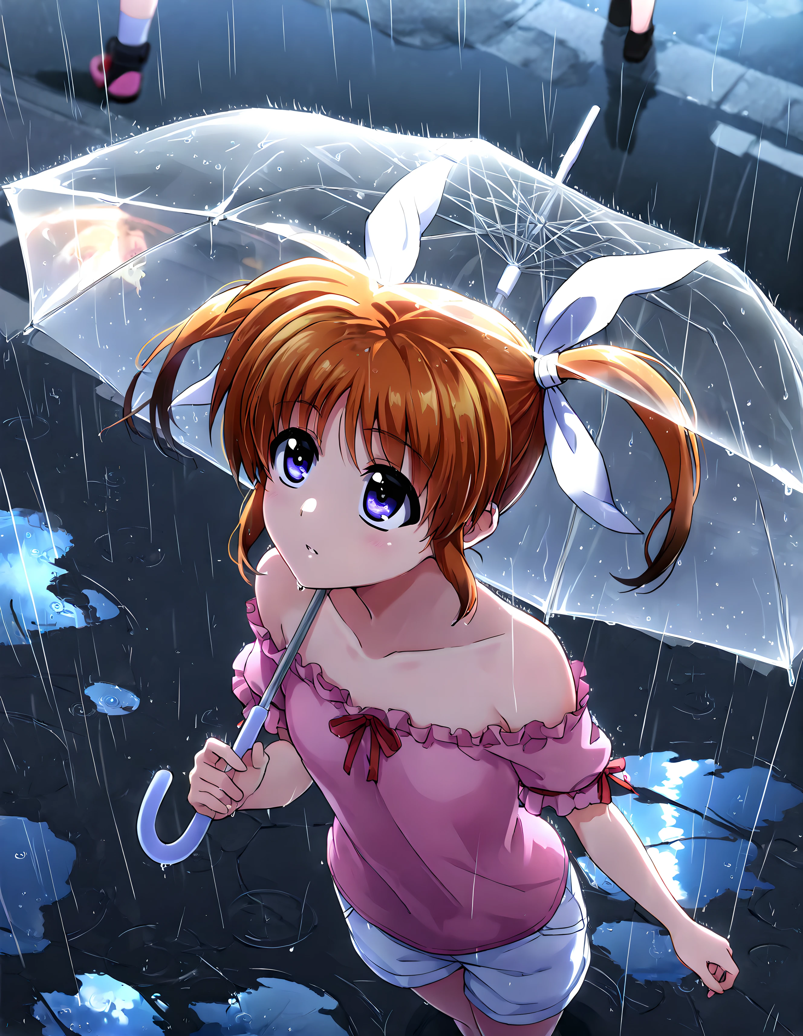 <lora:illustrious_XL_nanoha_v2:0.9>,nanoha,masterpiece,best quality,good quality,1girl,solo,pink clothes,off-shoulder_shirt,short_sleeves,collarbonea,white shorts,rain,street,reflection of light,reflection,puddle,standing,holding_umbrella,looking up at the sky,from_above,upper_body,