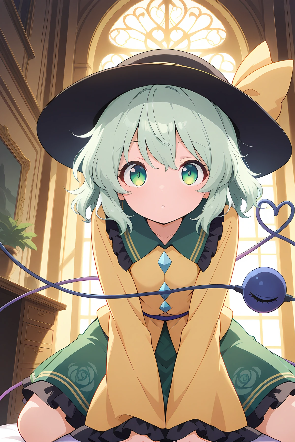 absurdres, highres, masterpiece, best quality, amazing quality, official anime artwork, screencap, anime screencap, indoors, palace, dark, office, dynamic pose, looking at viewer,
<lora:Komeiji-Koishi_illustrious:1> komeiji koishi, 1girl, solo, third eye, eyeball, heart of string, green hair, green eyes,, yellow shirt, black hat, frilled sleeves, frilled shirt collar, wide sleeves, hat bow, green skirt, yellow bow, hat ribbon, diamond button, yellow ribbon,